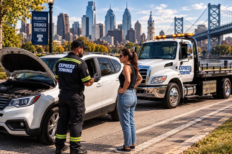 Express Towing technician assisting a driver on the roadside in Philadelphia